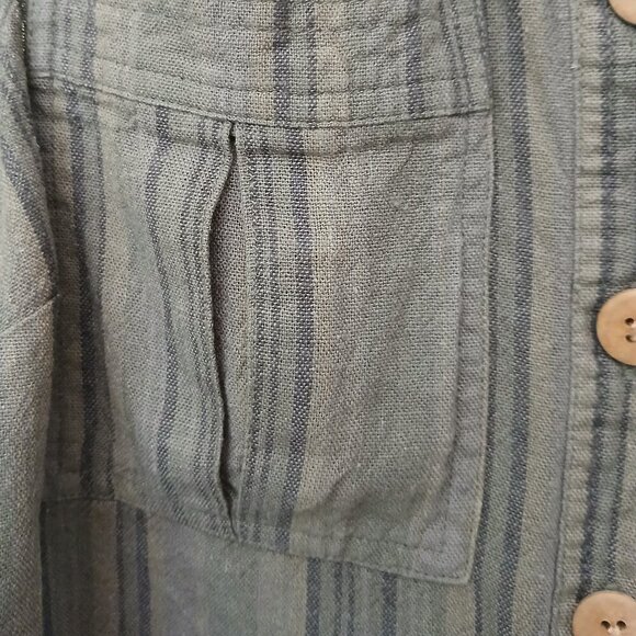 Olive Green Striped Linen Blend Button Down Tie Front Midriff Top Sz L - Picture 4 of 9